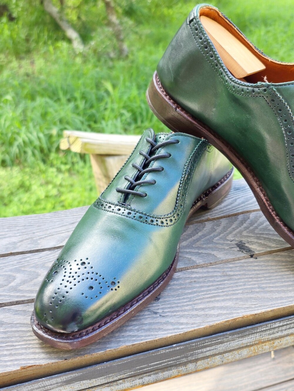 Allen Edmonds Cornwallis Green 10-D Burnished Mens Leather Oxford Dress Shoes